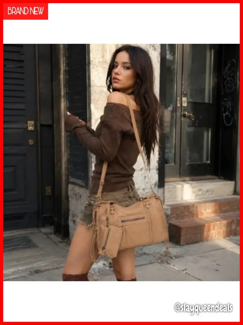Vegan Leather Hobo Shoulder Bag Tote, Distressed Y2K, Fits 14